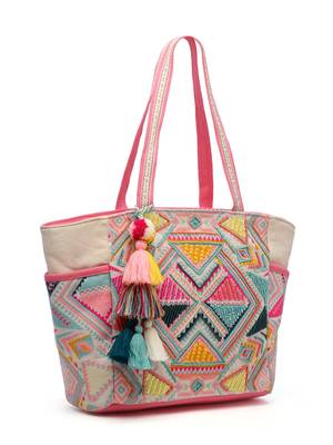 kooky natural & multi boho geometric embellished handloom cotton jacquard tote bag 5