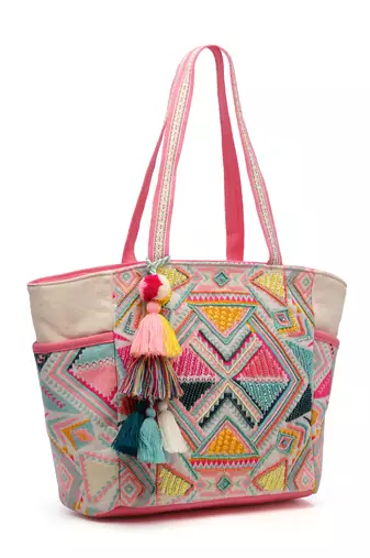 kooky natural & multi boho geometric embellished handloom cotton jacquard tote bag