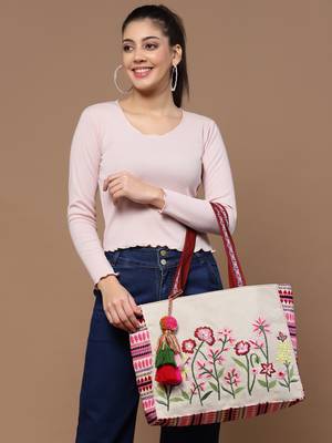 kooky natural, pink & multi boho floral embroidered handloom cotton jacquard tote bag 4