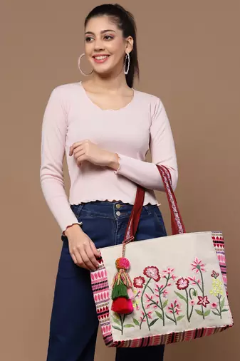 kooky natural, pink & multi boho floral embroidered handloom cotton jacquard tote bag