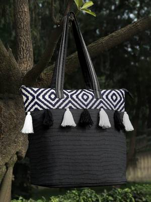 kooky black & white boho jacquard handloom cotton canvas tote bag 1