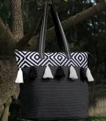 kooky black & white boho jacquard handloom cotton canvas tote bag