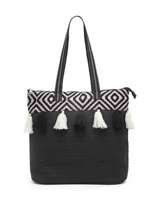 kooky black & white boho jacquard handloom cotton canvas tote bag 4