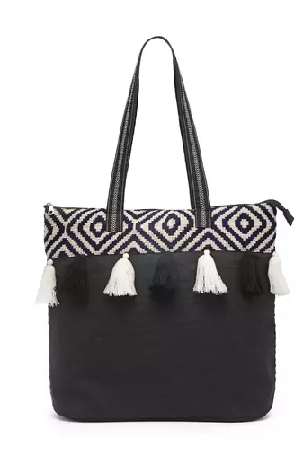 kooky black & white boho jacquard handloom cotton canvas tote bag
