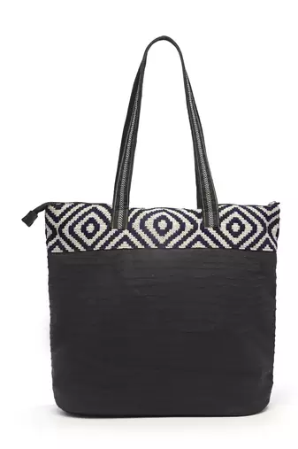 kooky black & white boho jacquard handloom cotton canvas tote bag