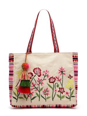 kooky natural, pink & multi boho floral embroidered handloom cotton jacquard tote bag 5