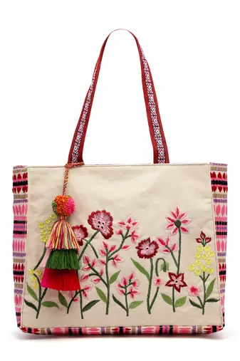 kooky natural, pink & multi boho floral embroidered handloom cotton jacquard tote bag