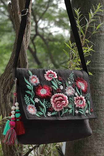 lush balck & multi floral embroidered suede sling bag