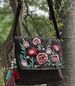 lush balck & multi floral embroidered suede sling bag