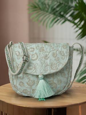 lush mint green  floral embroidered faux silk sling bag 1