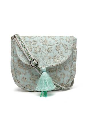 lush mint green  floral embroidered faux silk sling bag 3