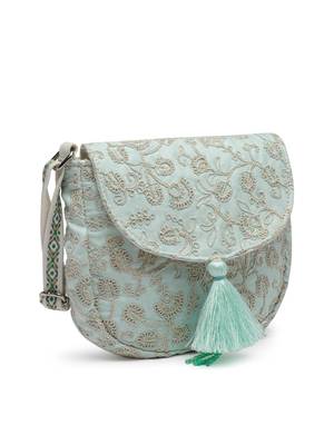 lush mint green  floral embroidered faux silk sling bag 5
