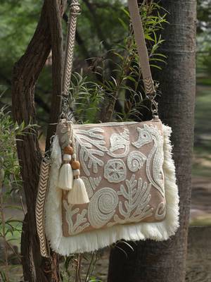 kooky beige & white boho quirky embroidered cotton sling bag 2