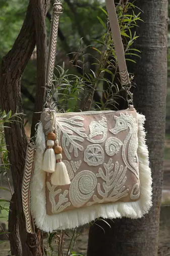 kooky beige & white boho quirky embroidered cotton sling bag