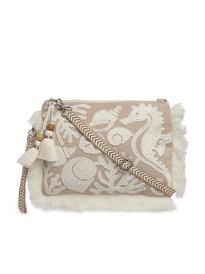 kooky beige & white boho quirky embroidered cotton sling bag 3