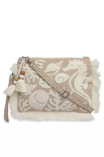 kooky beige & white boho quirky embroidered cotton sling bag