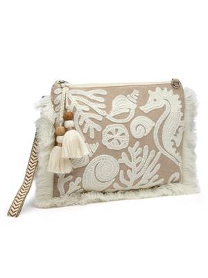 kooky beige & white boho quirky embroidered cotton sling bag 5