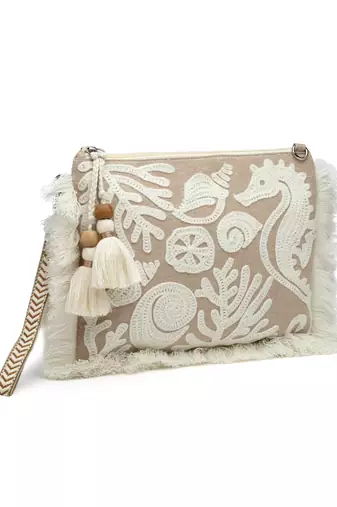 kooky beige & white boho quirky embroidered cotton sling bag