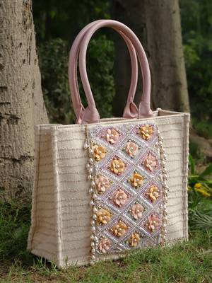 kooky natural & multi floral embellished handloom cotton canvas handheld bag 1