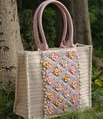 kooky natural & multi floral embellished handloom cotton canvas handheld bag