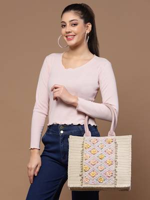 kooky natural & multi floral embellished handloom cotton canvas handheld bag 2