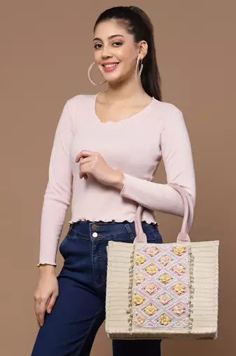 kooky natural & multi floral embellished handloom cotton canvas handheld bag