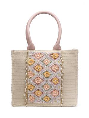 kooky natural & multi floral embellished handloom cotton canvas handheld bag 3