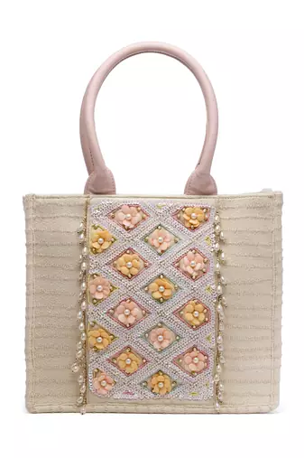 kooky natural & multi floral embellished handloom cotton canvas handheld bag