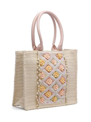 kooky natural & multi floral embellished handloom cotton canvas handheld bag 5