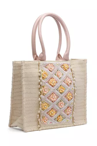 kooky natural & multi floral embellished handloom cotton canvas handheld bag