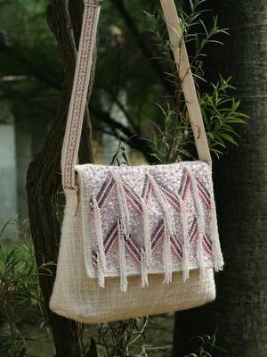 kooky ntural & pink boho chevron embellished handloom cotton canvas sling bag 1