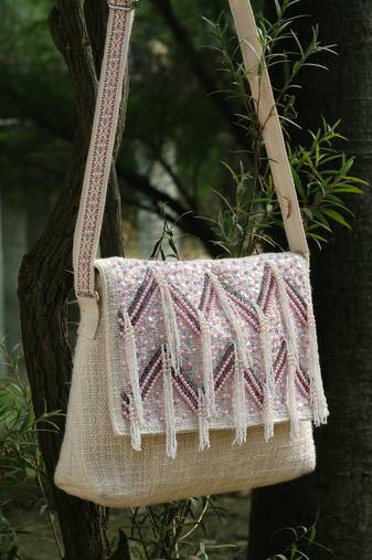kooky ntural & pink boho chevron embellished handloom cotton canvas sling bag