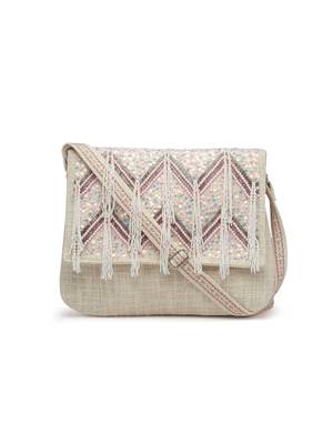kooky ntural & pink boho chevron embellished handloom cotton canvas sling bag 3
