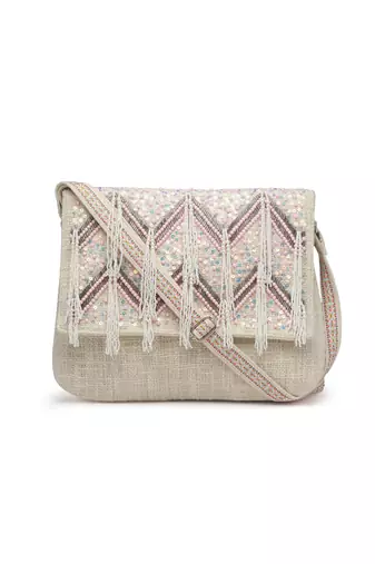 kooky ntural & pink boho chevron embellished handloom cotton canvas sling bag