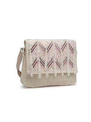 kooky ntural & pink boho chevron embellished handloom cotton canvas sling bag 5