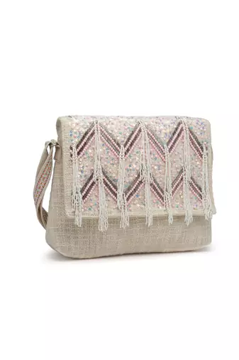 kooky ntural & pink boho chevron embellished handloom cotton canvas sling bag