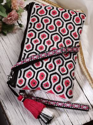Anekaant kooky fuchsia & black boho honeycomb embellished cotton jacquard sling bag 1