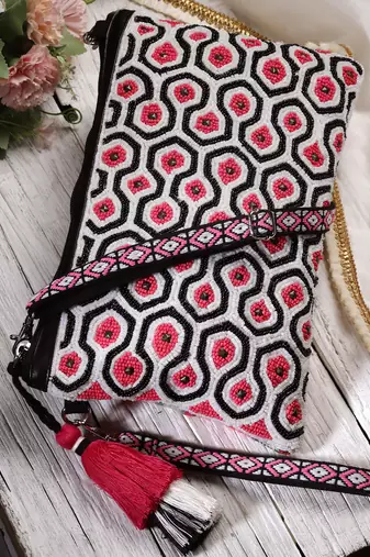 Anekaant kooky fuchsia & black boho honeycomb embellished cotton jacquard sling bag