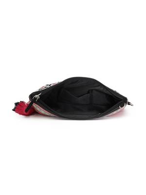Anekaant kooky fuchsia & black boho honeycomb embellished cotton jacquard sling bag 4