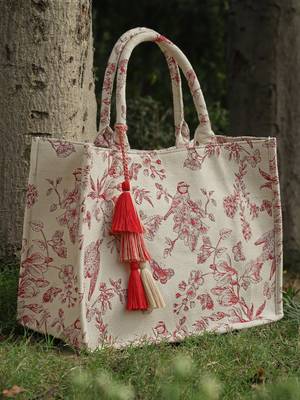 jungle natural & wine toile jacquard cotton handheld bag 1