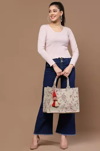 jungle natural & wine toile jacquard cotton handheld bag
