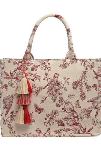 jungle natural & wine toile jacquard cotton handheld bag