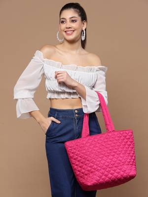 uno fuchsia harlequin quilted polyester tote bag 2