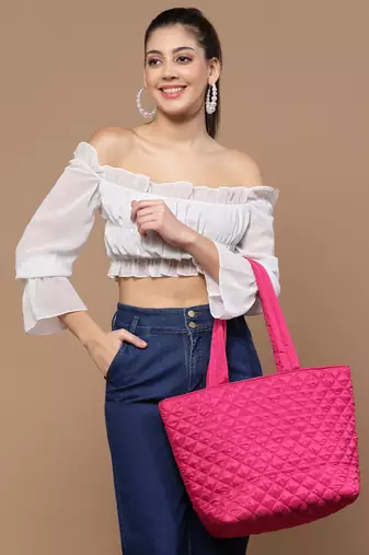 uno fuchsia harlequin quilted polyester tote bag