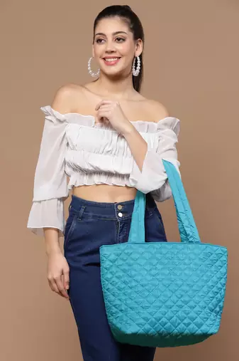 uno turquoise harlequin quilted polyester tote bag