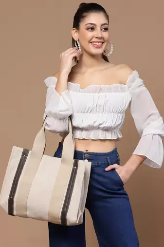 sisal cream & black solid cotton jute & leather handheld bag