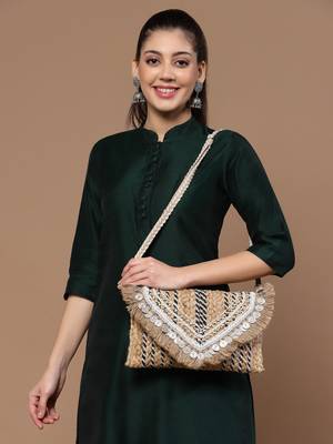 sisal baked beige & multi embellished jute sling bag 5
