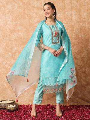 Blue Linen Cotton Fabric Embroidered work Straight cut Kurta with Cotton Lining, Pant and Dupatta Set 1
