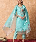 Blue Linen Cotton Fabric Embroidered work Straight cut Kurta with Cotton Lining, Pant and Dupatta Set