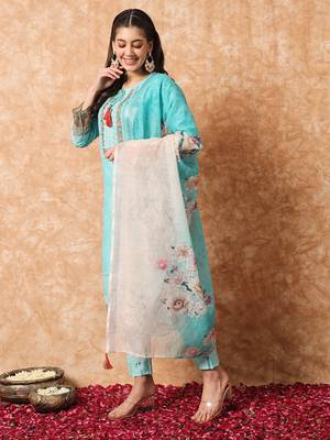 Blue Linen Cotton Fabric Embroidered work Straight cut Kurta with Cotton Lining, Pant and Dupatta Set 2